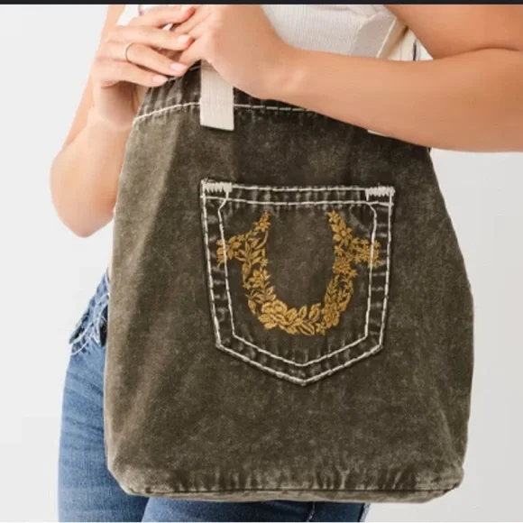 True Religion Olive Green Tote Bag with Gold Embroidery NWT - Picture 2 of 7